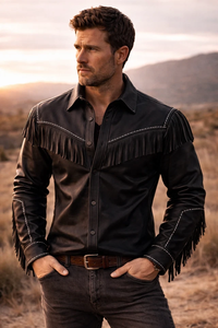 <b>Men</b>’s Premium Black <b>Suede</b> Fringe Western Shirt Modern Cowboy Tassel Design with Sleek Vintage Finish - Product Image 4