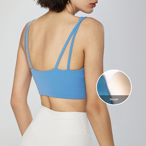 Sujetador deportivo de yoga para mujer al por mayor, de alto soporte, transpirable, color liso, con doble tirante, de Spandex/Nylon, con logo frontal y lazo, cuello en U - Product Image 3