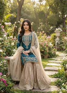 Ensemble de costume ethnique tendance en soie – Kurti brodé avec Plazzo et Dupatta de créateur - Product Image 4