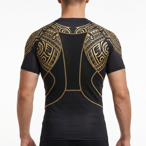 <b>Mens</b> Black Gold <b>Compression</b> Shirt Short Sleeve Graphic Print Athletic Gym Running Training Sportswear Performance <b>Top</b> - Product Image 2