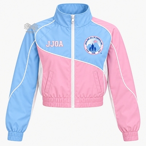 Veste de survêtement courte personnalisée JJOA Jack and Jill of America pour femme, bleu ciel et rose, brodée, zippée, coupe-vent, vente en gros - Product Image 1