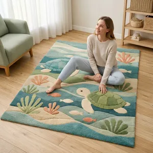 Tapis rectangulaire fantaisie Coastal Novelty, en peluche tuftée, avec dos antidérapant en caoutchouc, pour salon, motif tortue et poisson - Product Image 1