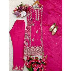 Superbe haut de mariage rose foncé brodé à manches longues et col carré avec dupatta pour soirée, orné de sequins, 100 % polyester - Product Image 2
