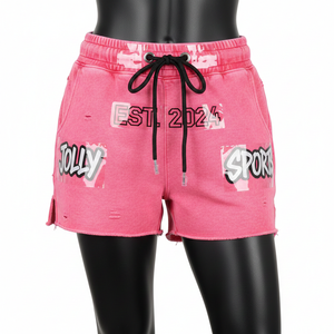 Shorts de mujer de algodón y poliéster, tipo booty, color rosa, tela suave cepillada, estampado con transferencia térmica, logo personalizado. - Product Image 1
