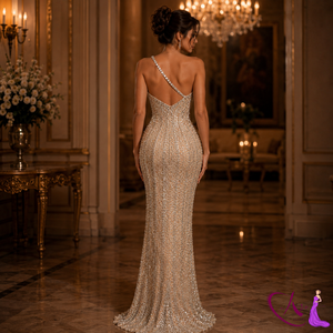 Vestido de noche largo estilo sirena con cuentas color champán |   Vestido de Fiesta de Diseño Hecho a Mano con un Solo Hombro Descubierto |   Ropa de Recepción Formal de Lujo - Product Image 4