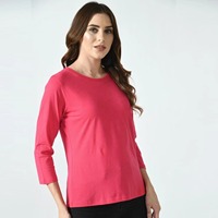T-shirt pour femme à col rond et manches trois quarts, couleur unie, coupe classique, décontracté, 100% coton tricoté, respirant, toutes saisons