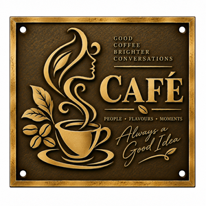 Modern Brass Finish Caf Sign Plate with Coffee Cup Design 5x10" UK Origin for Entry <b>Door</b> Water Resistant - Product Image 1
