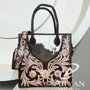 Western Floral Tooled Hair On Leather Women's Tote Bags High Quality Crossbody Top Handle Travel Tote Bags With <b>Adjustable</b> <b>Strap</b> - Product Image 1