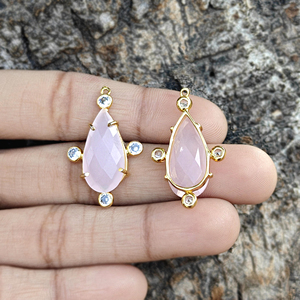 Pink Chalcedony Pear Stone <b>Earring</b> Connector Single Bail Tiny White Cubic Zirconia Accents 18k Gold Plated Brass Prong Set - Product Image 6
