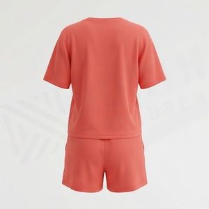 Women's 2 Piece Knitted Solid <b>Coral</b> Short Sleeve T Shirt and Above Knee Shorts Set Casual Loose Fit Spring Summer Wear - Product Image 2