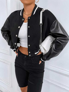 Black <b>Short</b> Knitted Cropped Varsity College Baseball Women's Wool Blend Cowhide Leather Sleeves Streetwear Fashion Outerwear OEM - Product Image 3