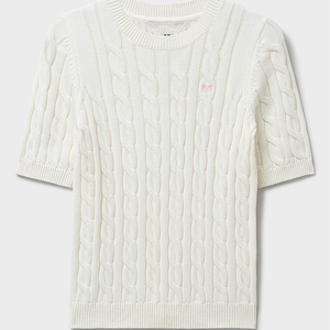 Pull en maille torsadée pour femme, manches courtes, col rond, 100% coton, décontracté, toutes saisons, coupe classique, broderie sur le devant - Product Image 1