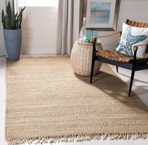 Handwoven Natural Jute Solid Color Flat Pile <b>Rug</b> with Fringe Eco-Friendly <b>Boho</b> Area Carpet - Product Image 1