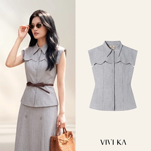 Blusa sin Mangas para Mujer, Gris, de Poliéster y Elastano, con Cuello Camisero y Botones, Elegante, para Oficina, Estilo Chic, Primavera-Verano, Tejido Sólido, MELA - Product Image 1