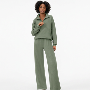 Conjunto Deportivo Verde para Mujer con Cierre de Cremallera a la Mitad, Pantalones Anchos de Pierna Larga, Corte Holgado Informal, 100% Algodón, Ropa de Otoño - Product Image 5