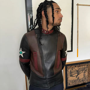 Men's Genuine Leather Motorcycle <b>Jacket</b> With <b>Star</b> Eyes Patches Zipper Closure Moto Biker Style Color Blocking New Design US Hot - Product Image 3