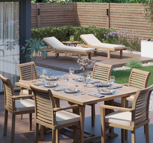 Ensemble de table à manger rectangulaire d'extérieur en teck massif, écologique, imperméable, 6 places, avec chaises à accoudoirs, finition naturelle, pour hôtel, villa - Product Image 5