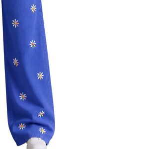 Jean en denim bleu roi pour femme, coupe large, broderie florale, taille haute, ample, style streetwear décontracté, personnalisable OEM ODM, vente en gros - Product Image 4