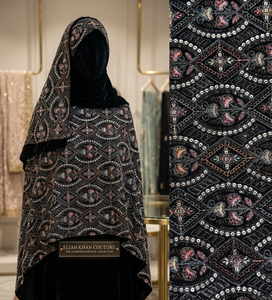 Tissu de base en velours noir tricoté à motif losanges, floral et à sequins pour veste ethnique, lehenga ou abaya pour femme - Product Image 5