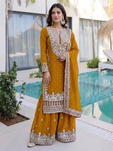 Cheap Low Price India Islamic Chiffon Modest Plus Size Women Abaya Femme Top Bottom Sharara Dupatta Set Ready to Dispatch 83781 - Product Image 4