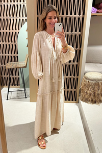 เดรสโบฮีเมียนลำลองหรูหราสำหรับฤดูร้อนปี 2026 ชุดเดรสยาวทรงบูติกสำหรับผู้หญิง สีเบจ ผ้าฝ้ายถักลายดอกไม้ พิมพ์ลายดอกไม้ แขน 3/4 ทรงหลวม - Product Image 2