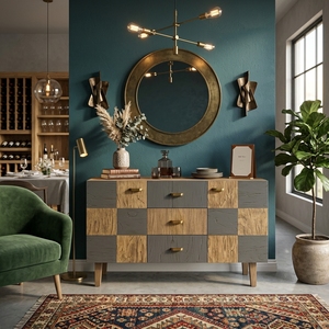 Aparador Moderno de Madera con Patrón de Bloques en Tablero de Ajedrez, Cajones de Roble Gris, Gabinetes con Tiradores de Latón, Muebles para Sala de Estar/Hogar - Product Image 5