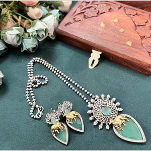 Two Tone Pota Stone <b>Long</b> Necklace Set for Women Traditional Indian Ethnic Jewelry for Wedding and Festive Wear - Product Image 1