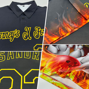Custom Bowling Polo <b>Shirt</b> Men Black <b>Flame</b> Print Short Sleeve Quick Dry Sport Wear Personalized Name Number Design - Product Image 2