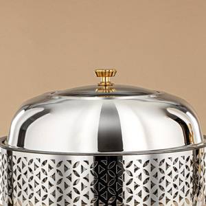 Round Stainless Steel Chafing Dish Laser Cut Arabic Design Buffet Food <b>Warmer</b> with Glass Lid and Gold Accents & <b>Legs</b> for Hotel - Product Image 4