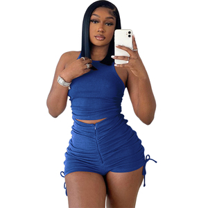 Women's Gray Ribbed 2 Piece <b>Set</b> Halter Top With Zipper Shorts <b>Sexy</b> Club Wear Spring Summer Outfit - Product Image 3