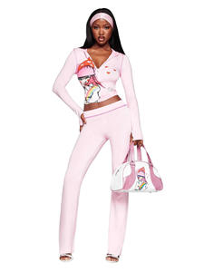 2026 SpringSummer Daily Wear Eco-Friendly Cute Cartoon Print Hooded Zipper Jacket Low-Waist Long Pants Sporty Casual Set - Product Image 2