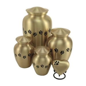 Urne funéraire en laiton massif pour animaux de compagnie avec empreintes de pattes sculptées à la main, urnes en métal brossé doré pour cendres de chien et de chat, fournitures funéraires commémoratives - Product Image 1