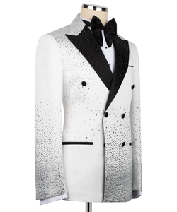 Men’s White & Black Rhinestone Double Breasted Tuxedo – Contrast Lapel Wedding Party Suit <b>Blazer</b> - Product Image 2