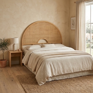 Cabecera de Cama Moderna y Minimalista, Arqueada, de Ratán y Madera Ecológica, Tapizada en Microfibra Marrón, Duradera, Personalizable - Product Image 4