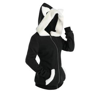 Sudadera con Capucha para Mujer, Transpirable, Larga, para Otoño e Invierno, con Bloques de Color, Orejas de Gato, Cierre de Cremallera, Forro Polar Grueso, con Bolsillos, Personalizable - Product Image 5