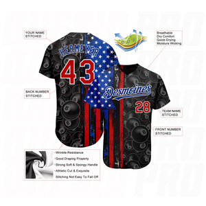 Camiseta de Béisbol Personalizada con Diseño 3D de Patrón Negro, Rojo y Azul Rey, con la Bandera Americana, para Billar y Snooker - Product Image 3