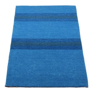 Tapis moderne en laine bleue tufté à la main, à poils ras, motif rayé 3D, pour salon, chambre et décoration d'hôtel - Product Image 1