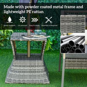 Tavolino Moderno da Esterno in Rattan con 2 Ripiani Portaoggetti e Foro per Ombrellone, Grigio, per Patio e Giardino - Product Image 6