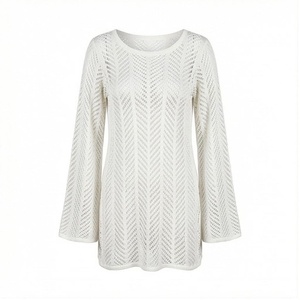 Túnica Blanca de Punto para Mujer, Manga Larga, Cuello Redondo, Diseño Geométrico, Transpirable, Corte Regular - Product Image 1