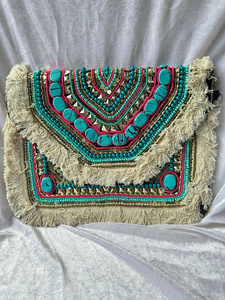Bolso de mano bohemio con flecos turquesa, bordado tribal con cuentas, bolso de mano llamativo, bolso étnico para mujer - Product Image 1