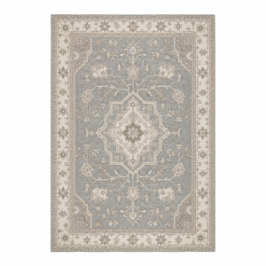 Tapis DECORDEC en laine gris argenté ivoire à motif floral médaillon, écologique, antidérapant, moderne, avec bordure botanique, pour une vie de luxe - Product Image 1