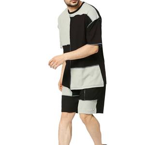 Nuevo conjunto de dos piezas con paneles de patchwork para hombre, camiseta y pantalones cortos con bloques de color negro y gris, conjunto informal de verano para calle, talla grande - Product Image 5