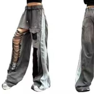 High Waist Ripped Wide Leg Denim Jeans <b>Women</b> Cargo Side Stripe Distressed Streetwear Hip Hop Baggy <b>Trousers</b> - Product Image 1