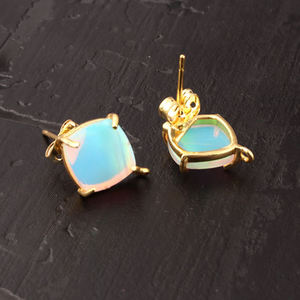 Natural ethiopian opal cushion shape studs handmade prong setting gemstone <b>earrings</b> gold plated push <b>back</b> daily wear ear jewelry - Product Image 2