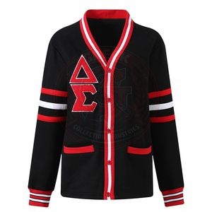 Cárdigan de Punto para Mujer Delta Sigma T, Negro y Rojo en Contraste, Manga Larga, Cuello Redondo, Casual, Color Sólido, con Bolsillos y Diseño de Punto Abierto - Product Image 1