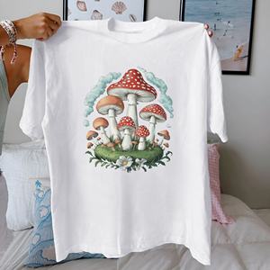 Whimsical Stylized <b>Mushrooms</b> Illustration Casual Knitted Print 100% Cotton Women's T-<b>Shirt</b> Comfort Fit - Product Image 3