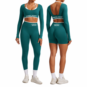 Ensemble de yoga sans couture 3 pièces pour femme : haut court à manches longues, soutien-gorge de sport, leggings taille haute et shorts, séchage rapide, extensible, pour la gym et le fitness - Product Image 5