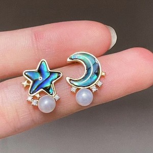 Pendientes de Plata de Ley S925 con Perlas de Agua Dulce, Concha de Abulón, Estrella y Luna, Joyería al por Mayor y al por Menor - Product Image 1
