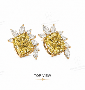 Elegant floral <b>stud</b> earrings in 18K yellow gold with fancy yellow cushion diamonds and marquise lab grown diamonds couture desig - Product Image 5
