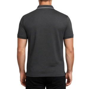 Polo Personalizado para Hombre en Gris Carbón con Franjas en Contraste en el Pecho, Manga Corta, Transpirable, Corte Atlético - Product Image 4